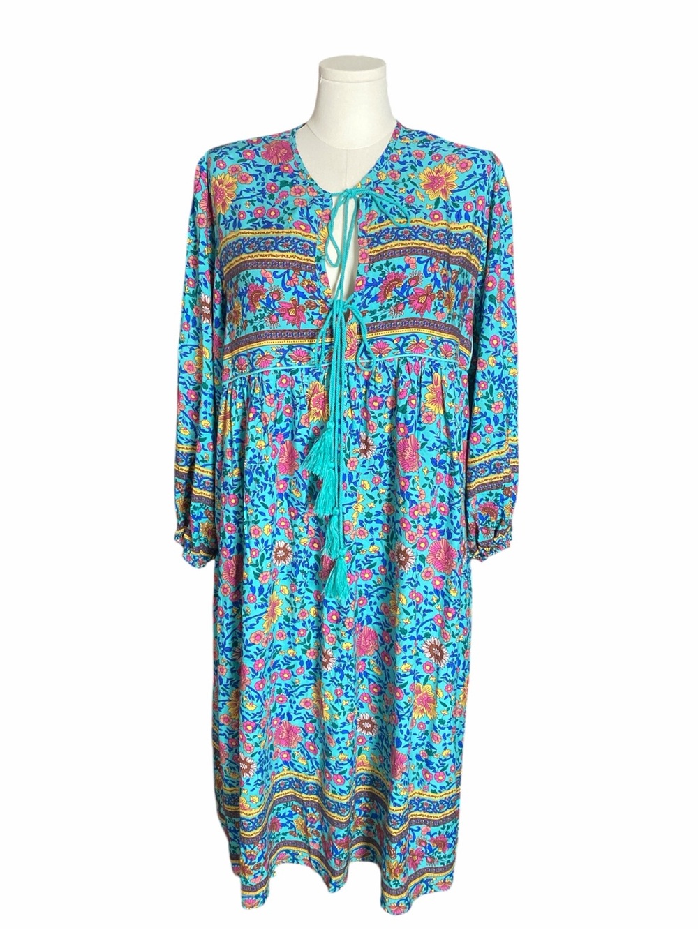 R.Vivimos Boho Floral Tassel Midi Dress Teal Long Sleeve Empire Waist 2XL